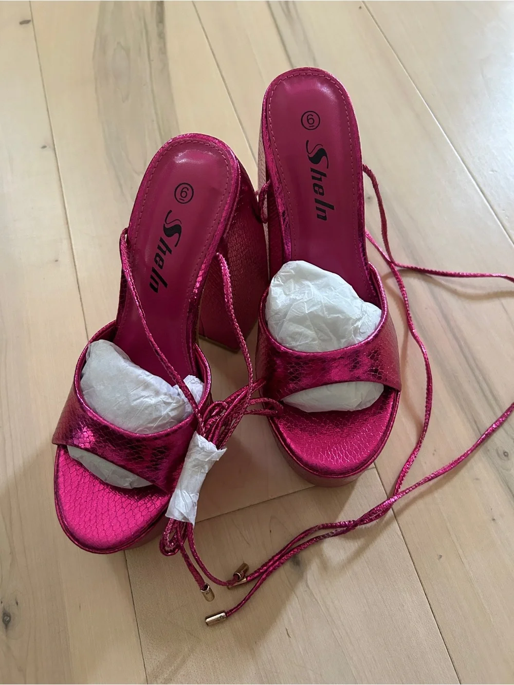 Metallic Pink Tie Ankle Chunky Platform Sandals Size 6